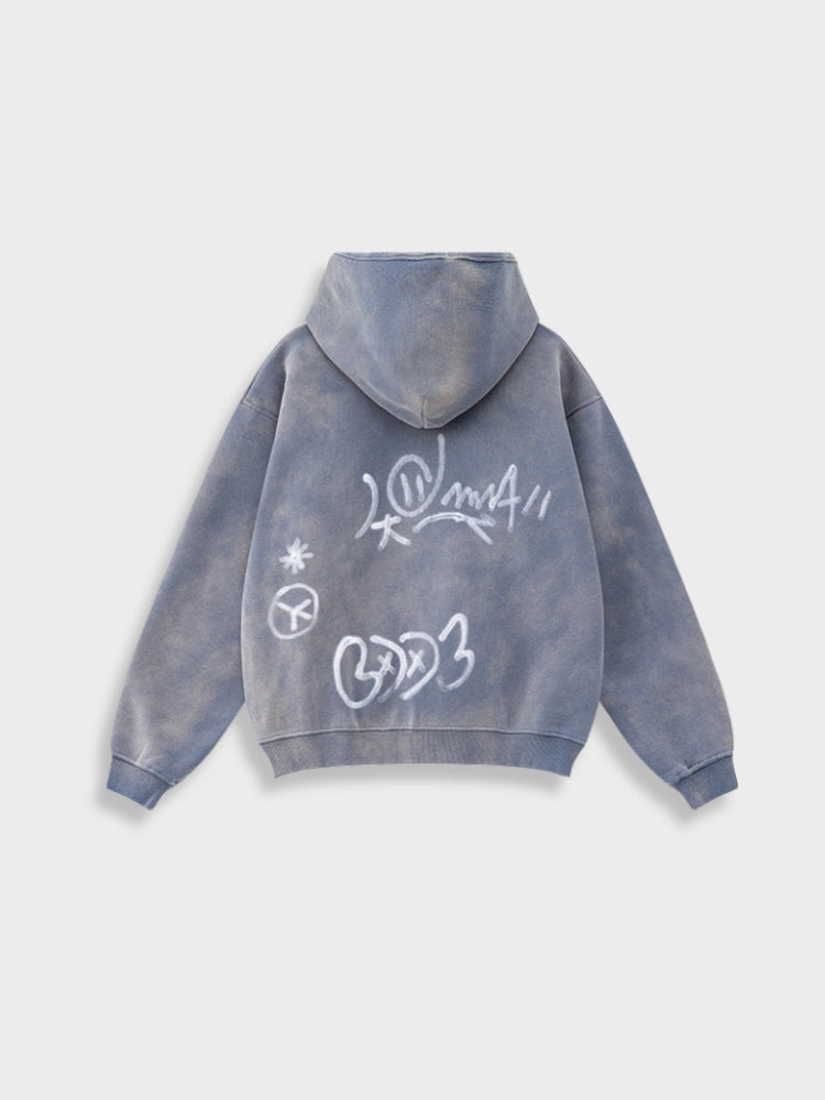Men's Graffiti Print Washed Zip-Up Hoodie