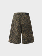 Leopard Print Wide-Leg Denim Shorts