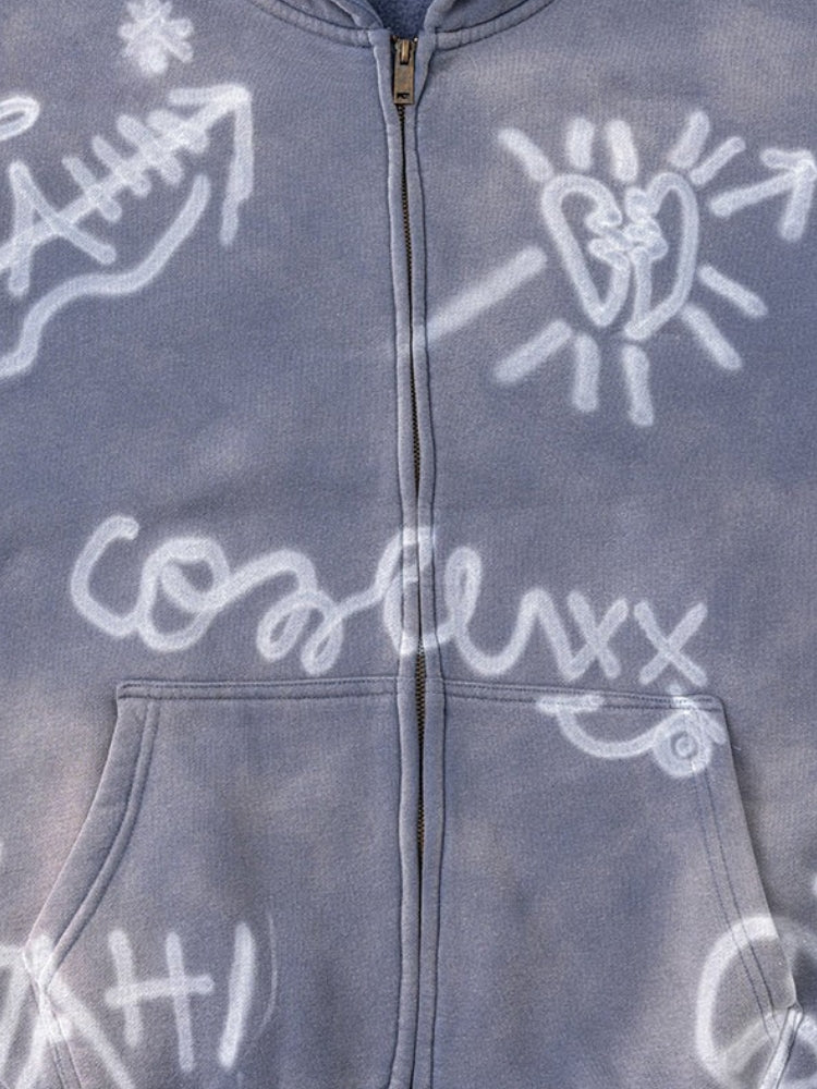 Men's Graffiti Print Washed Zip-Up Hoodie