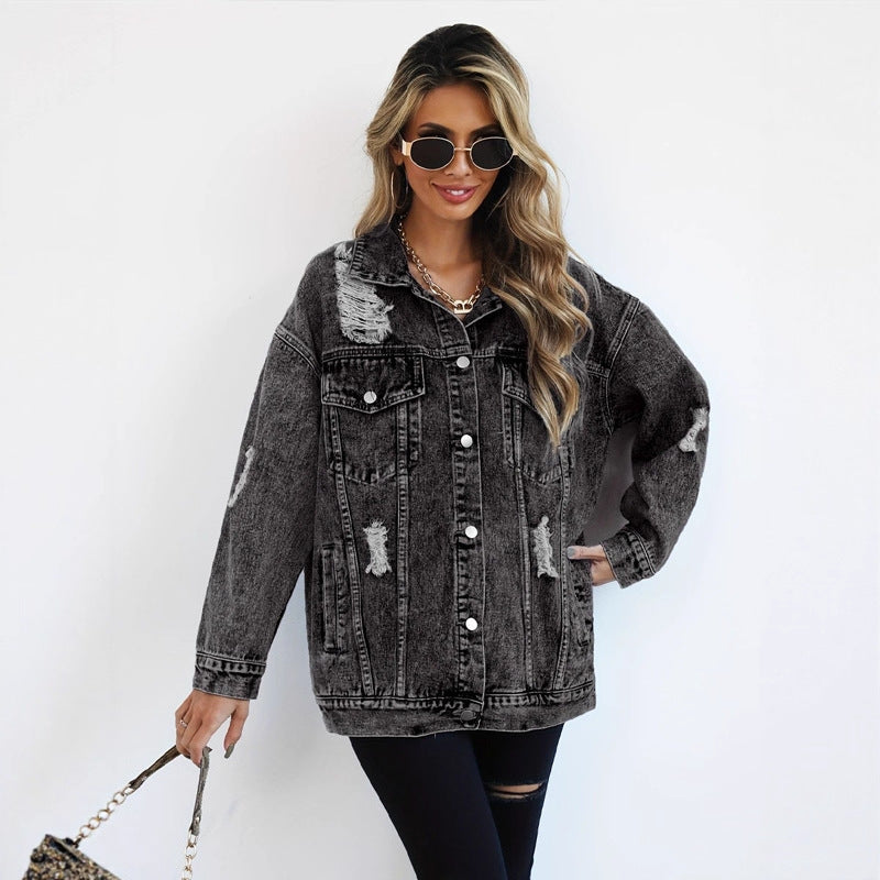 Women's Distressed Oversized Denim Jacket