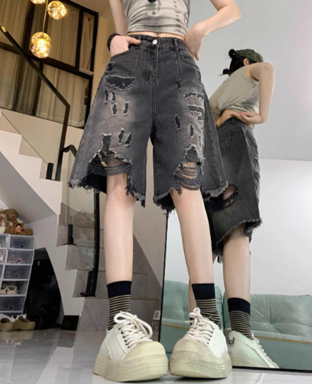 Men's Retro High-Waisted Denim Cargo Shorts