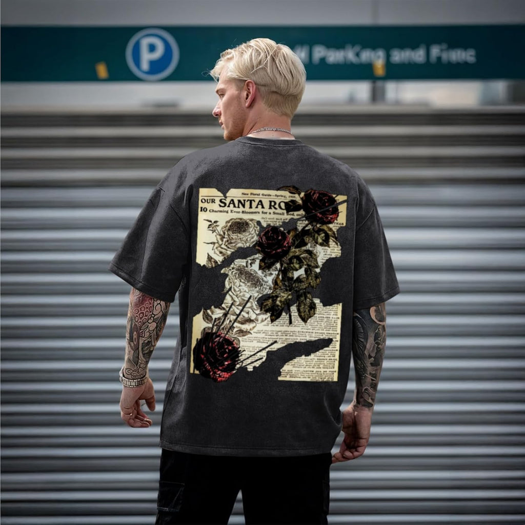 Men's Rose Graphic Acid-Wash T-Shirt