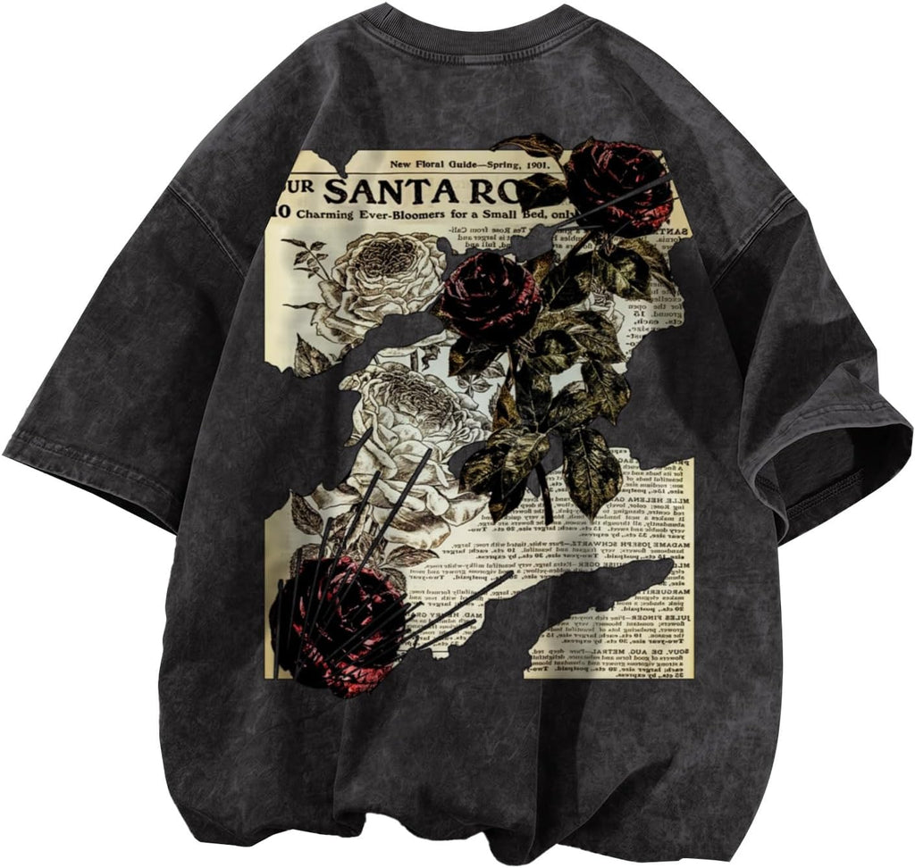 Men's Rose Graphic Acid-Wash T-Shirt
