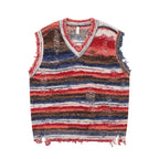 Baggy Knitted Sweater Vest Vintage Gradient Stripe Washed