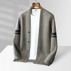 Men’s merino blend cardigan with striped sleeves and patch pockets