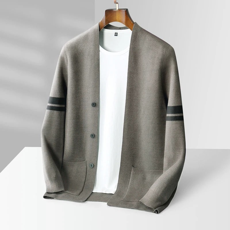 Men’s merino blend cardigan with striped sleeves and patch pockets