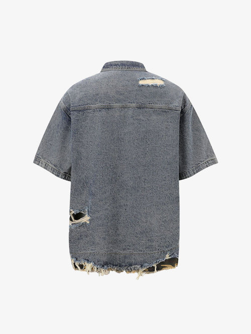 Distressed Denim Ripped Short-Sleeve Shirt