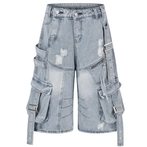 Men's Frayed-hem Distressed Denim Capri Pants