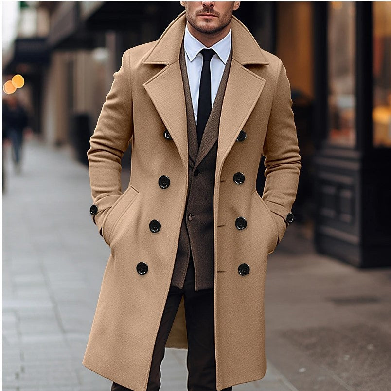Men’s Long Double-Breasted Wool Blend Overcoat|Business/Casual Winter Coat