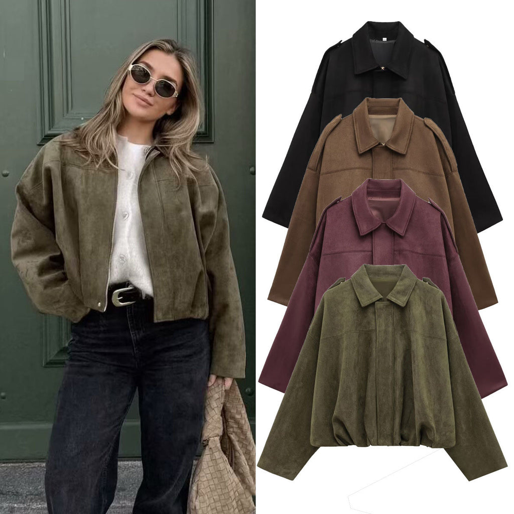 Women's Vintage Suede Oversized Batwing Sleeve Bomber Jacket