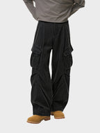 Oversized Wrinkled Cargo Denim Pants Elastic Waist