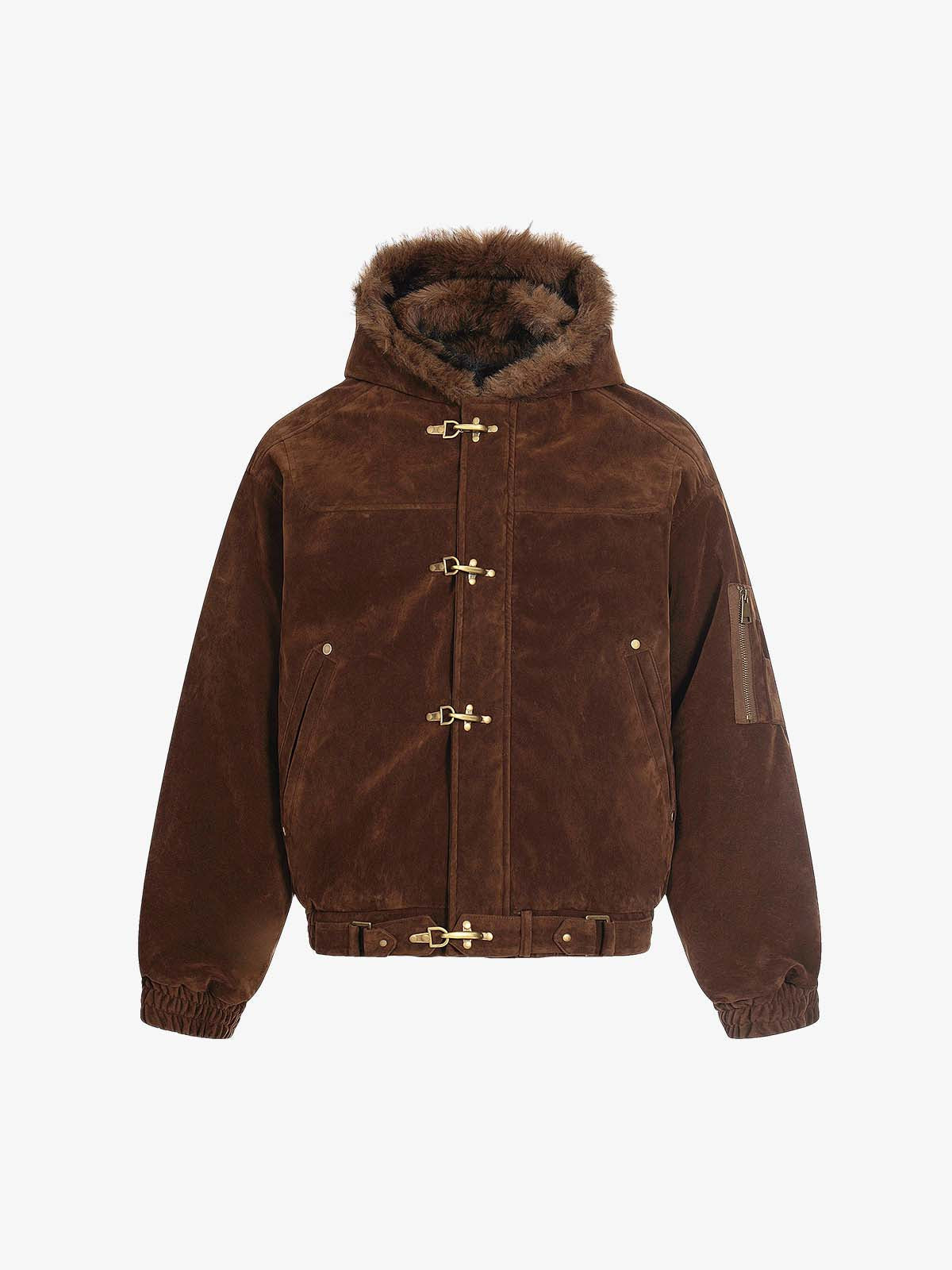 Faux Fur Hooded Suede Bomber Jacket with Metal Clip Streetwear