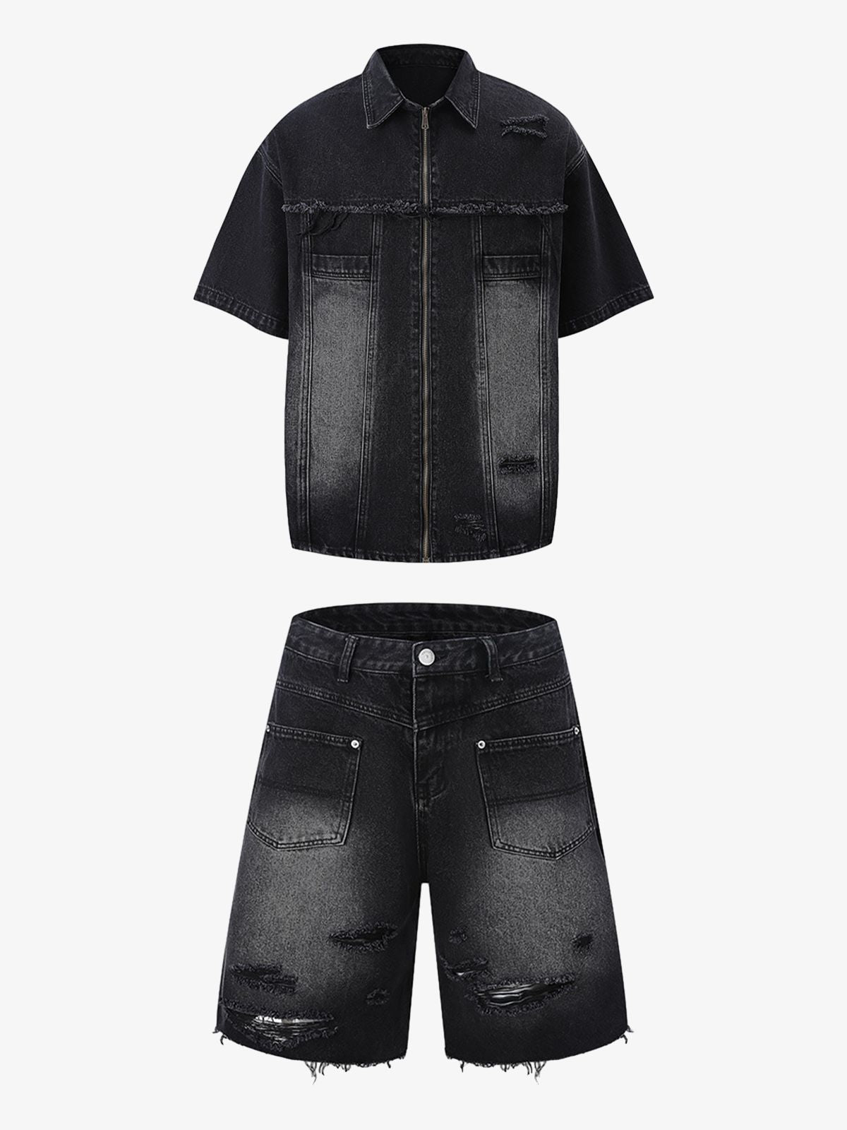Conjunto de chaqueta y pantalón vaquero desgastado con roturas para hombre