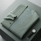 Men’s merino blend cardigan with striped sleeves and patch pockets