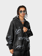 Men's Graffiti Print Washed Zip-Up Hoodie