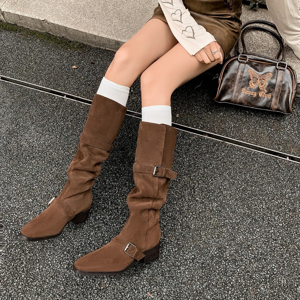 Women's Retro Suede Knee-High Cowboy Boots with Buckle Straps