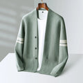 Men’s merino blend cardigan with striped sleeves and patch pockets