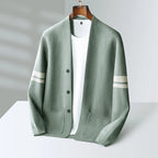 Men’s merino blend cardigan with striped sleeves and patch pockets