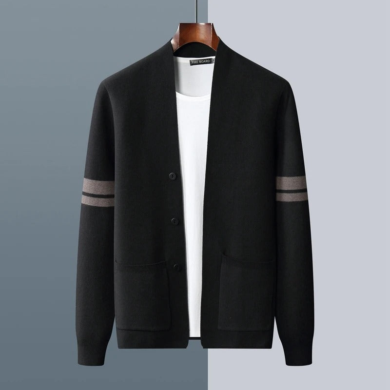 Men’s merino blend cardigan with striped sleeves and patch pockets