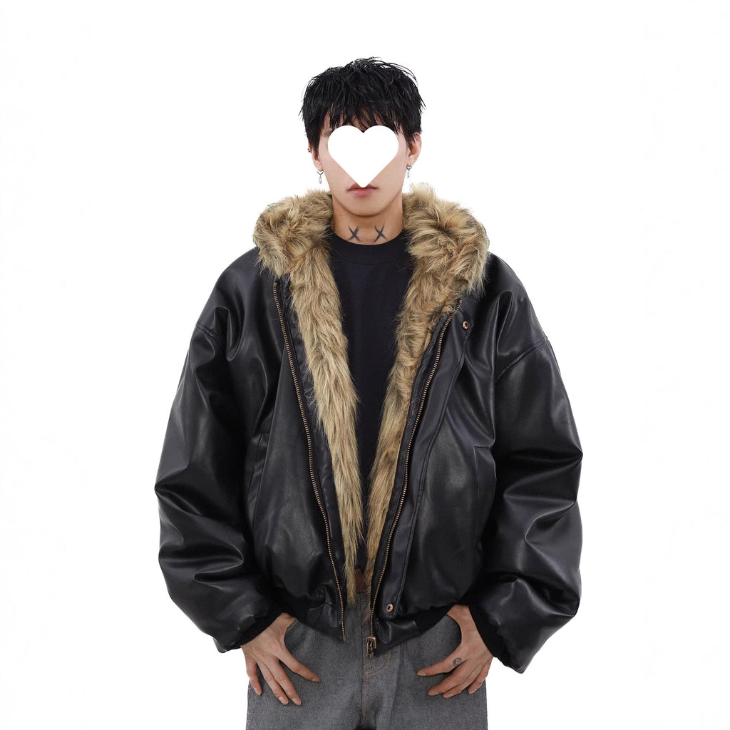 Men’s Reversible Faux Fur Hooded Oversized Bomber Jacket