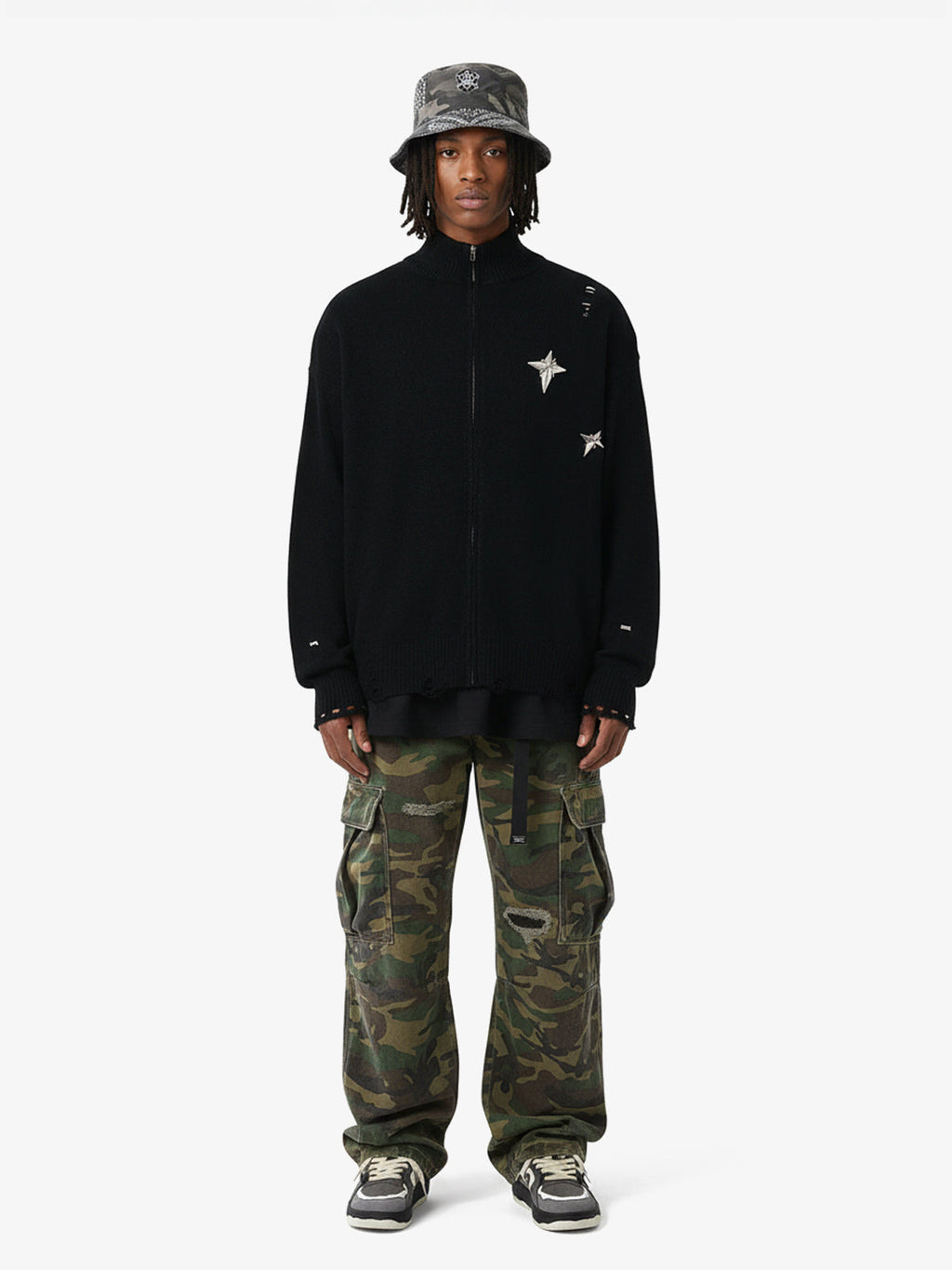 Woven Ripped Camouflage Cargo Baggy Pants