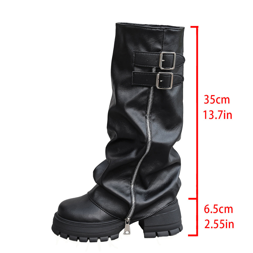 Women's Fold-Over Knee-High Platform Wedge Boots with Buckle Detail
