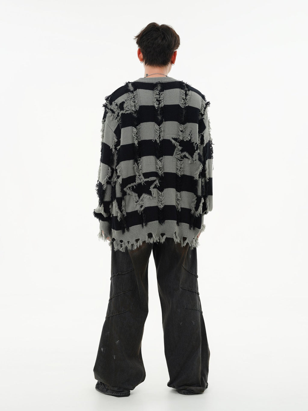 Oversized Star Stripe Knit Sweater With Fringe