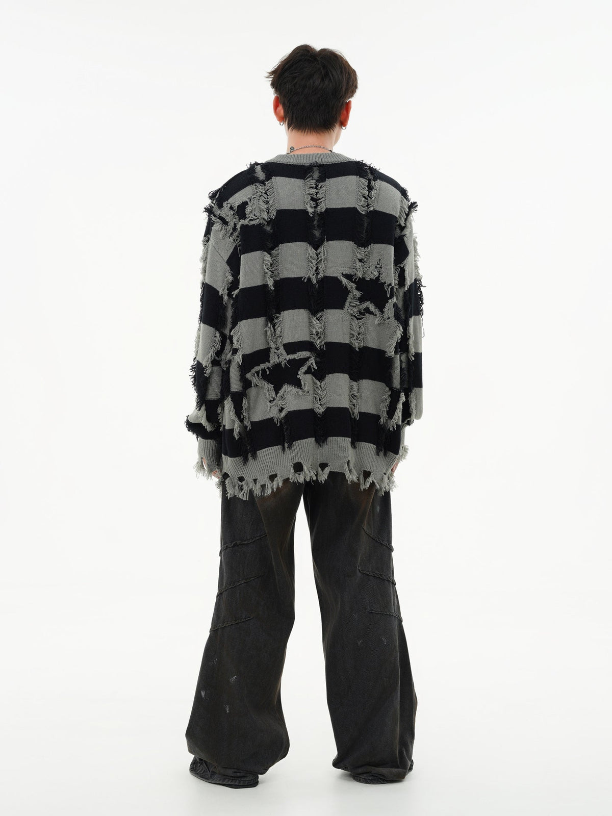Oversized Star Stripe Knit Sweater With Fringe