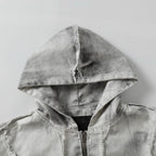 Men's Washed Distressed Zip-Up Hooded Jacket with Raw-Edge Patchwork