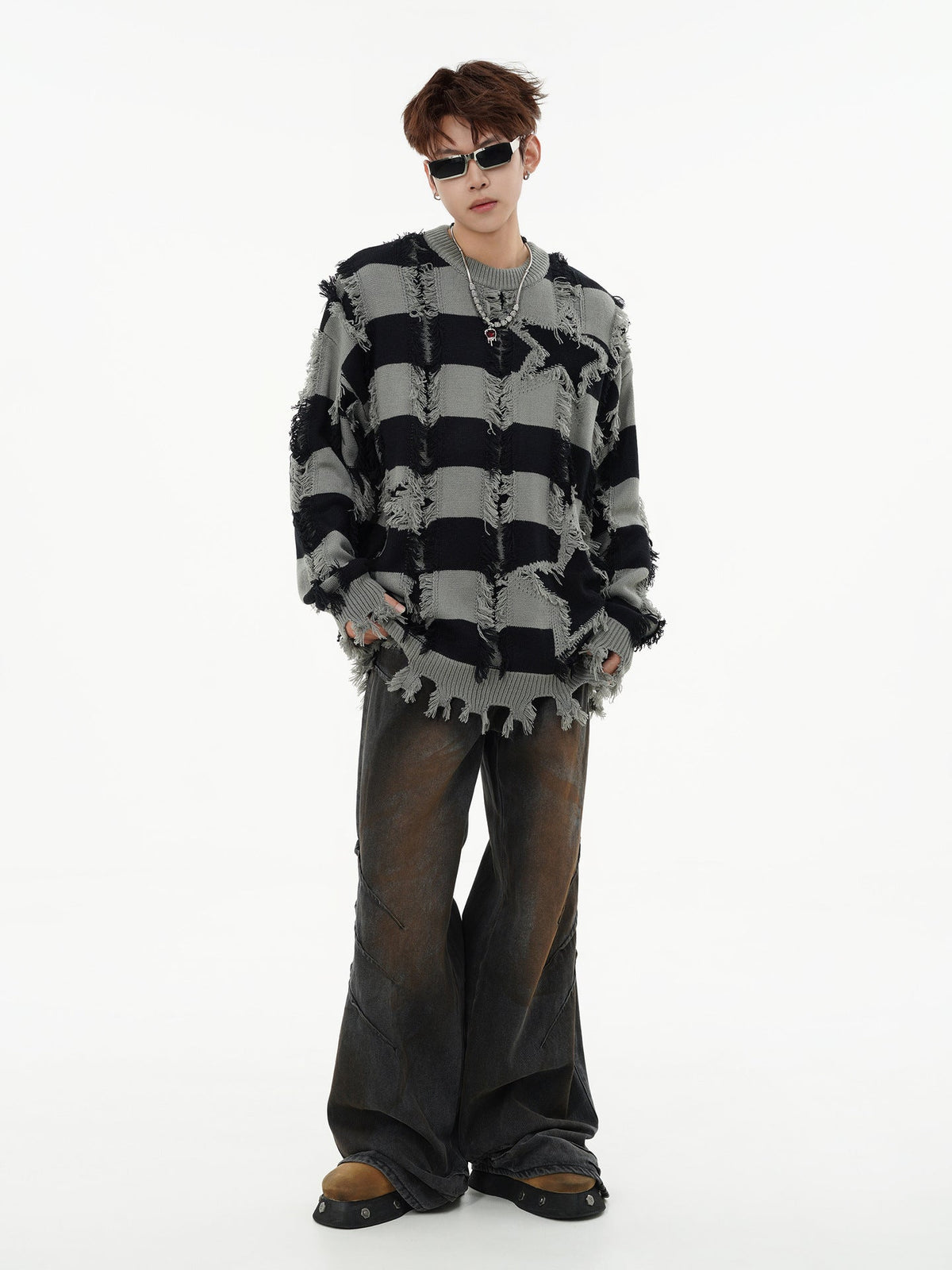 Oversized Star Stripe Knit Sweater With Fringe