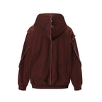 Men's Washed Distressed Zip-Up Hooded Jacket with Raw-Edge Patchwork