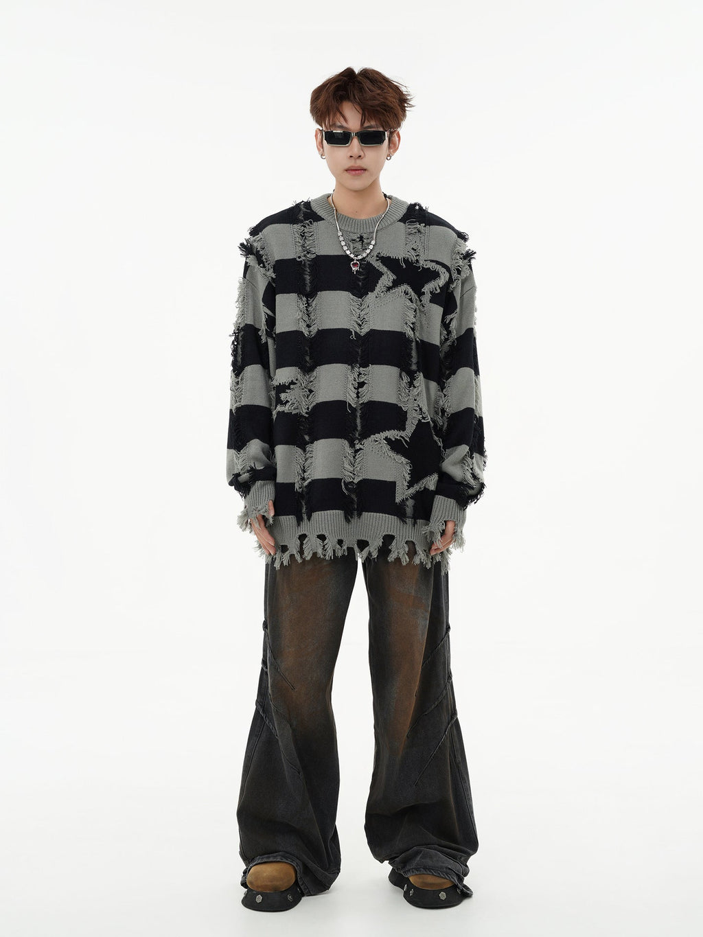 Oversized Star Stripe Knit Sweater With Fringe