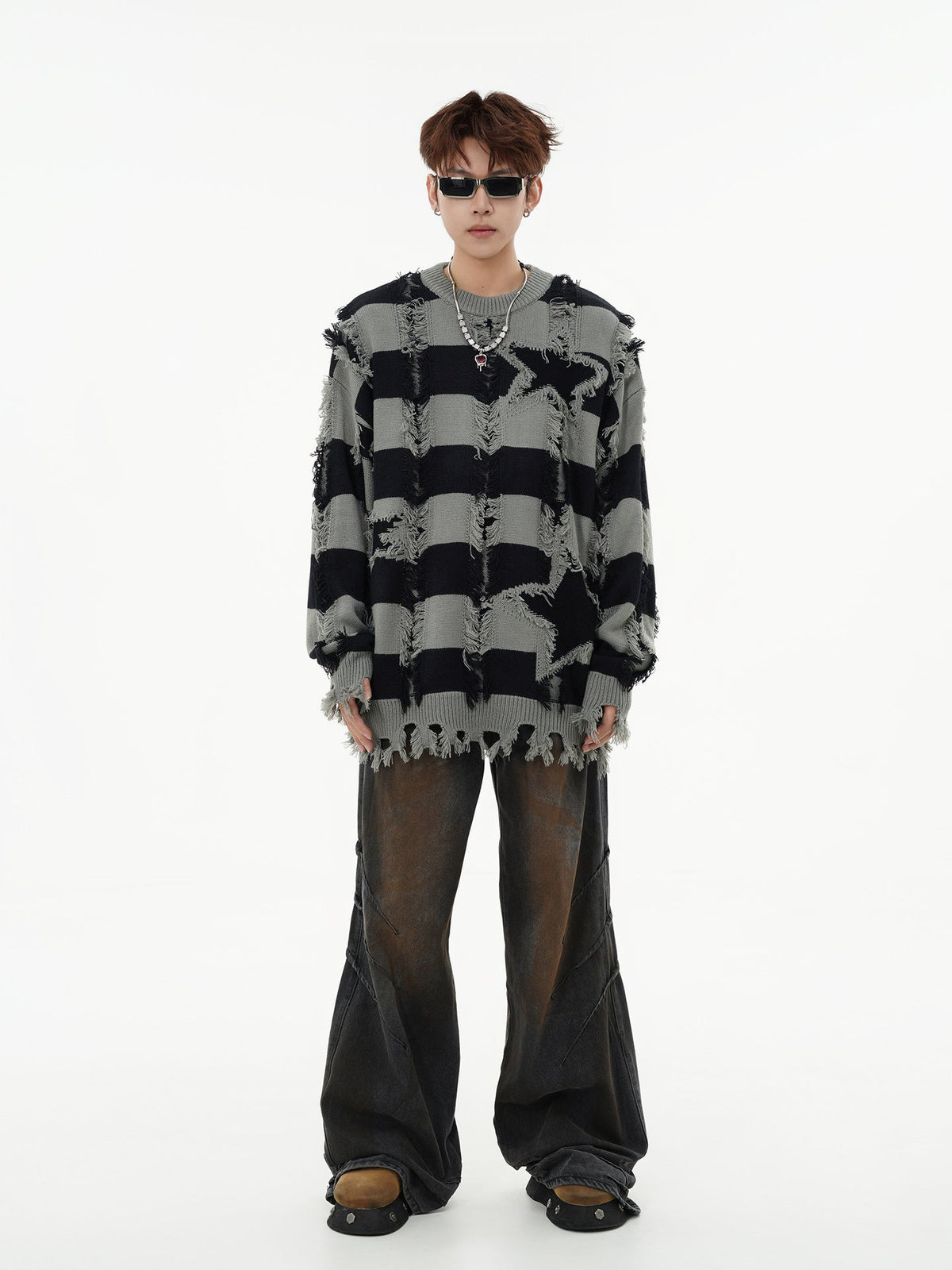 Oversized Star Stripe Knit Sweater With Fringe