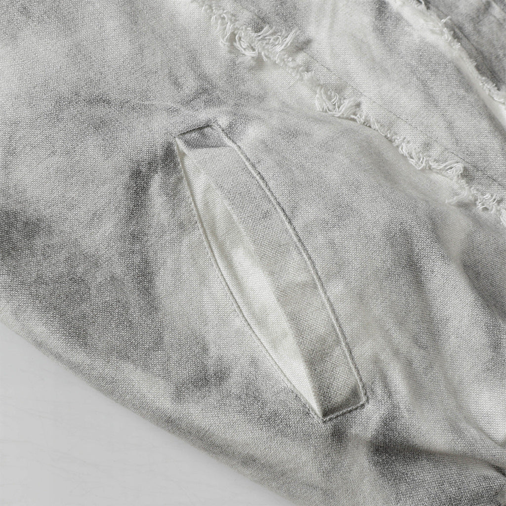 Men's Washed Distressed Zip-Up Hooded Jacket with Raw-Edge Patchwork