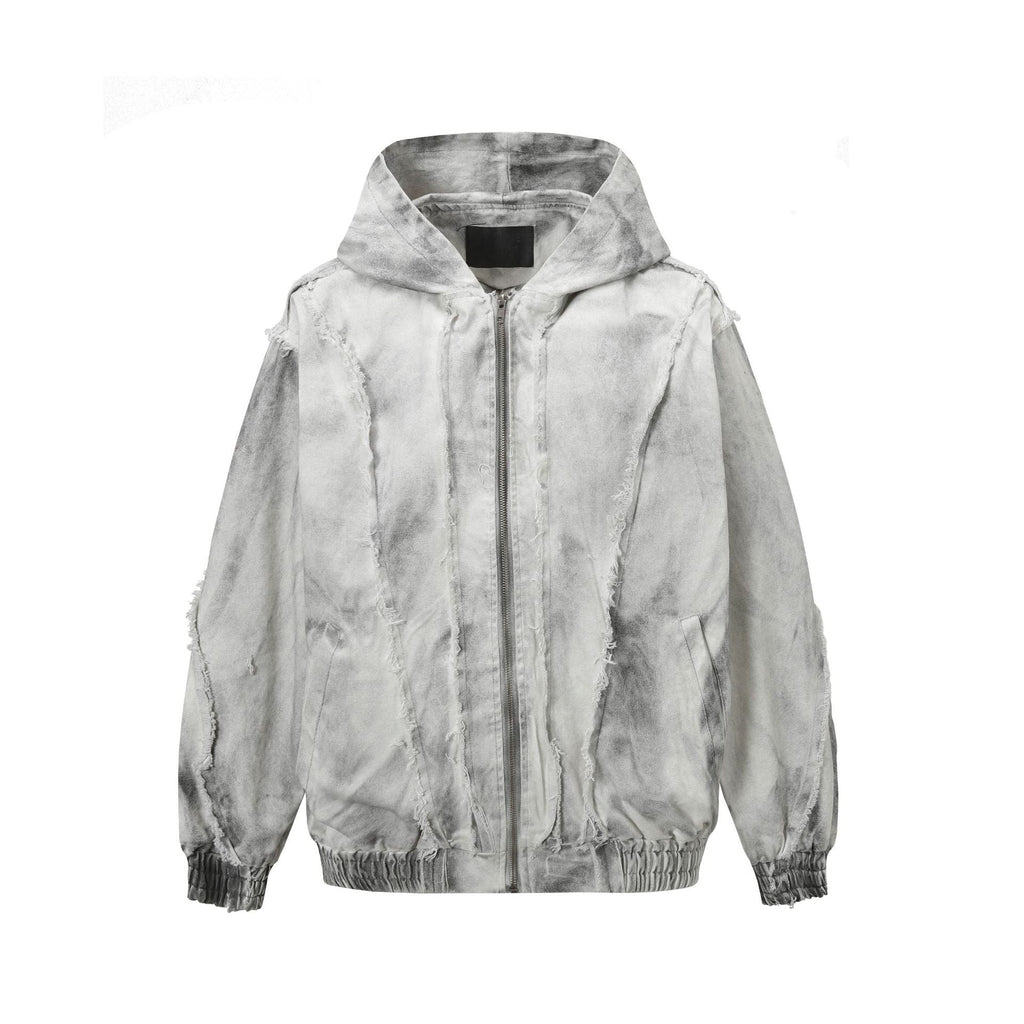 Men's Washed Distressed Zip-Up Hooded Jacket with Raw-Edge Patchwork