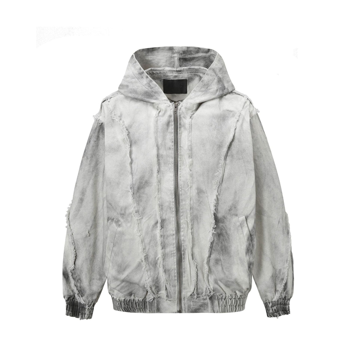 Men's Washed Distressed Zip-Up Hooded Jacket with Raw-Edge Patchwork