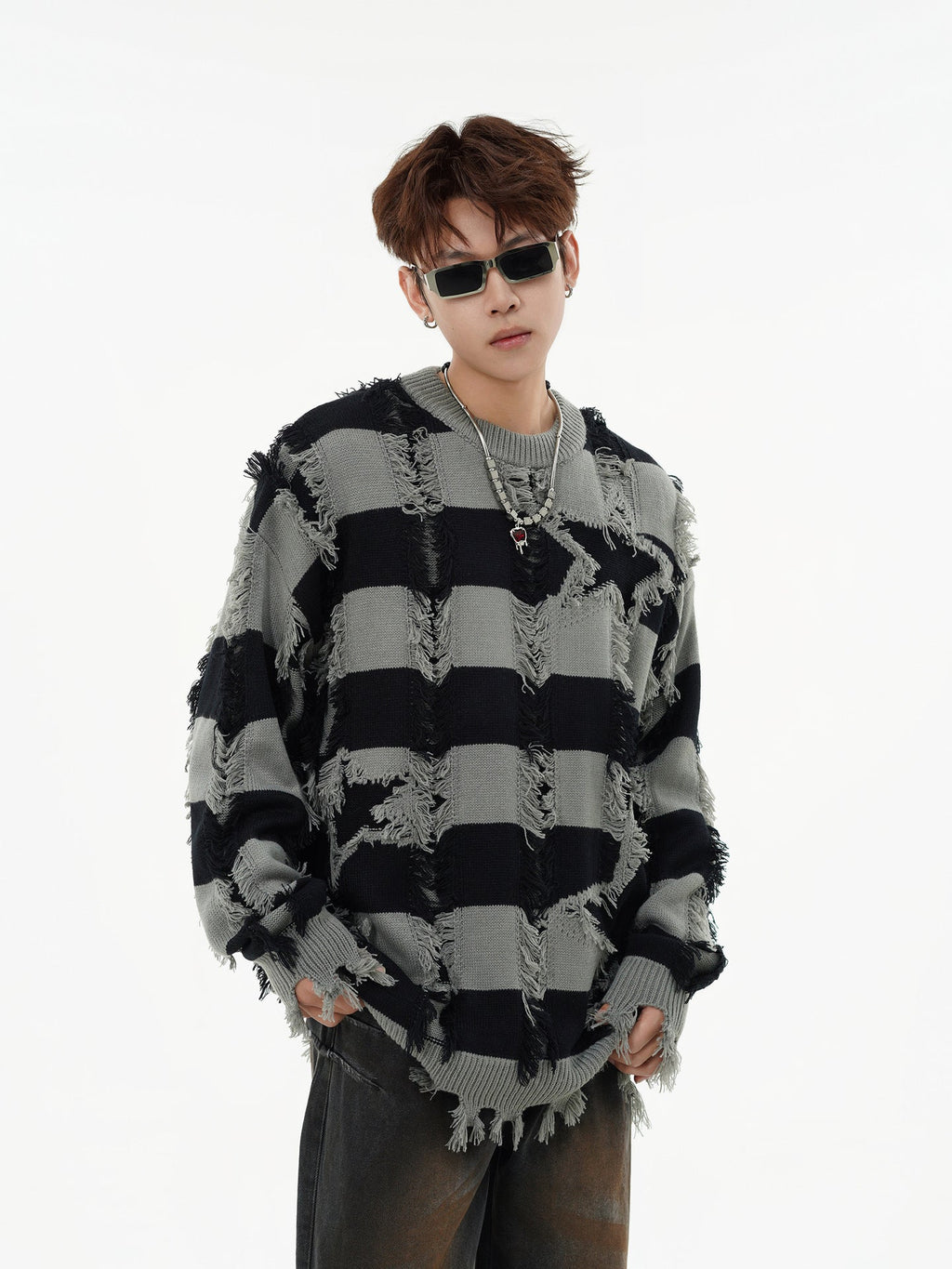 Oversized Star Stripe Knit Sweater With Fringe