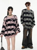 Oversized Star Stripe Knit Sweater With Fringe