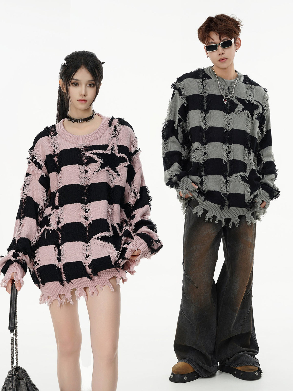 Oversized Star Stripe Knit Sweater With Fringe