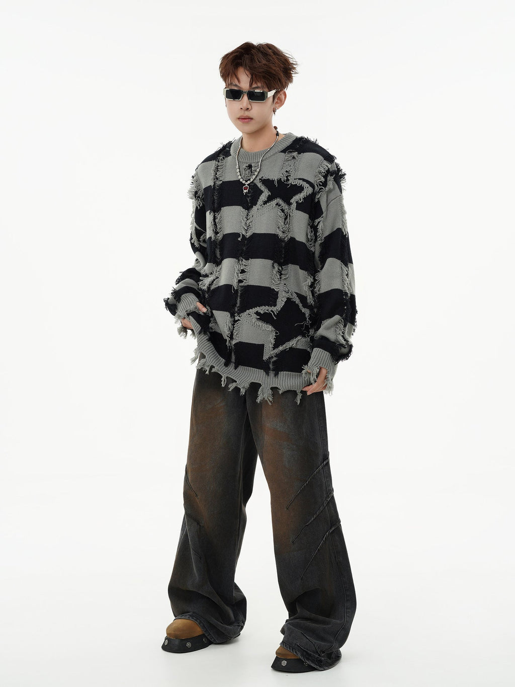 Oversized Star Stripe Knit Sweater With Fringe
