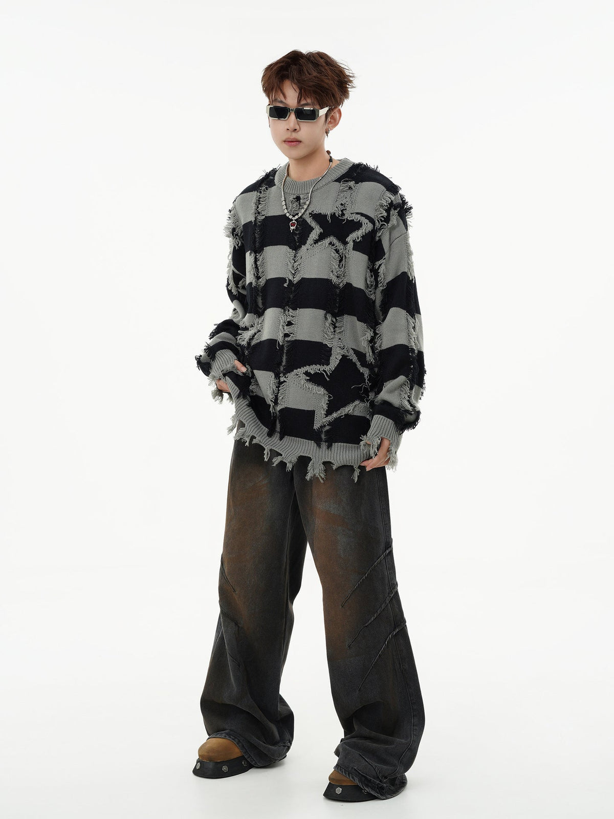 Oversized Star Stripe Knit Sweater With Fringe