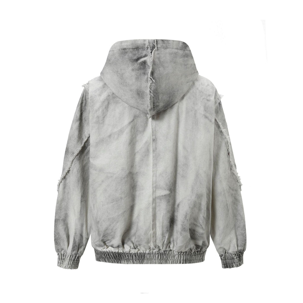 Men's Washed Distressed Zip-Up Hooded Jacket with Raw-Edge Patchwork