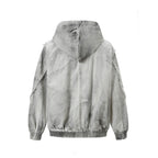 Men's Washed Distressed Zip-Up Hooded Jacket with Raw-Edge Patchwork