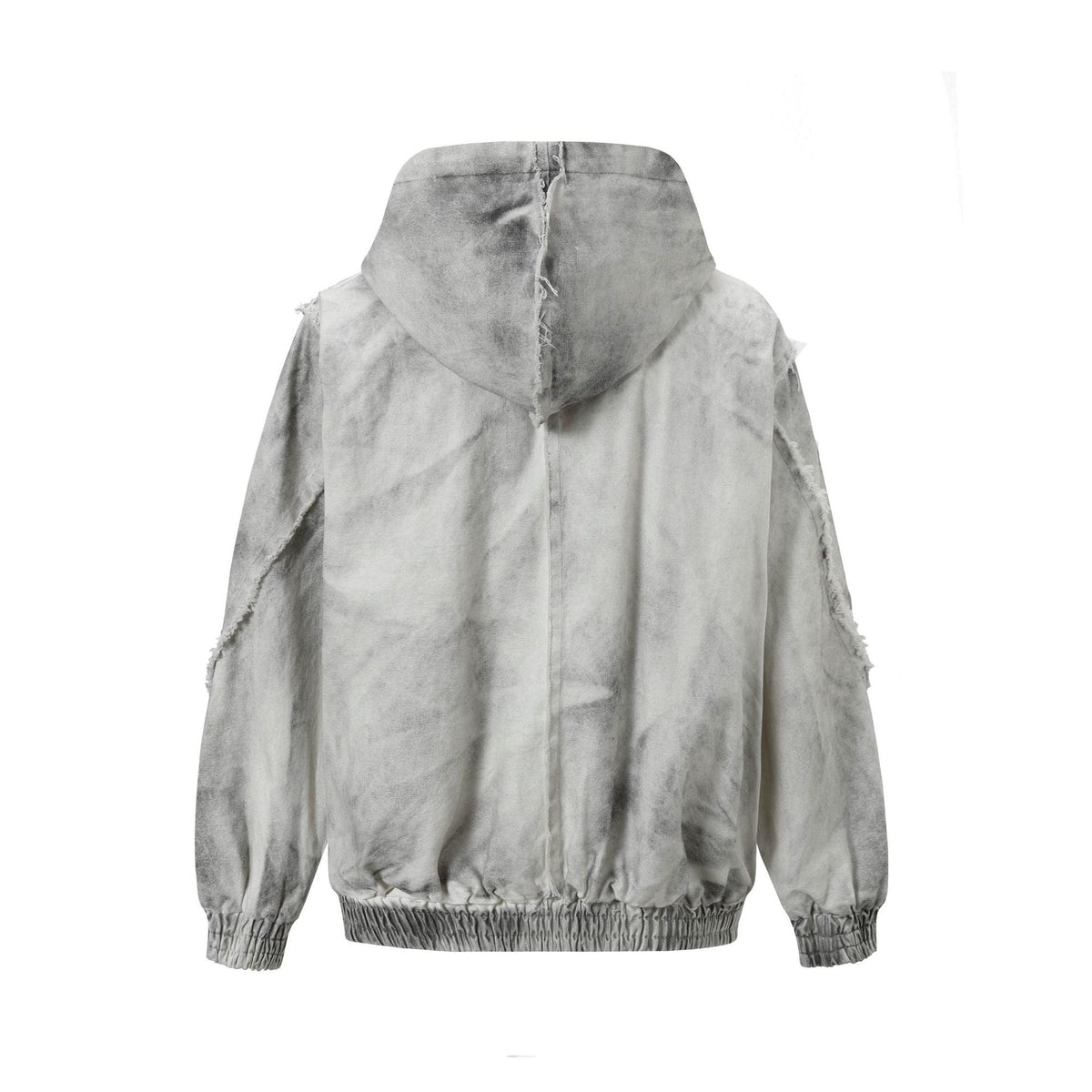 Men's Washed Distressed Zip-Up Hooded Jacket with Raw-Edge Patchwork
