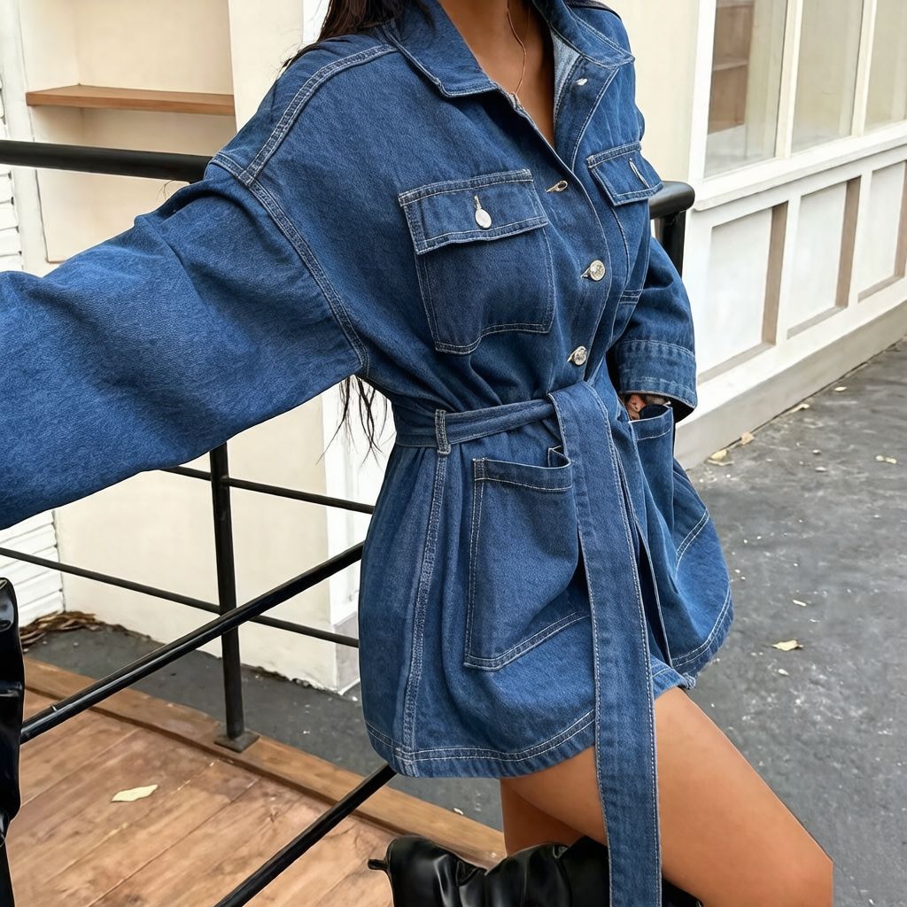 Women's Denim Shirt Dress with Lace-Up Waist