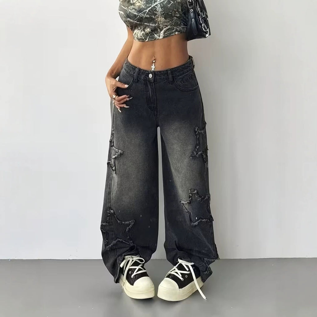 Womens Star-patchwork Wide-leg Denim Jeans