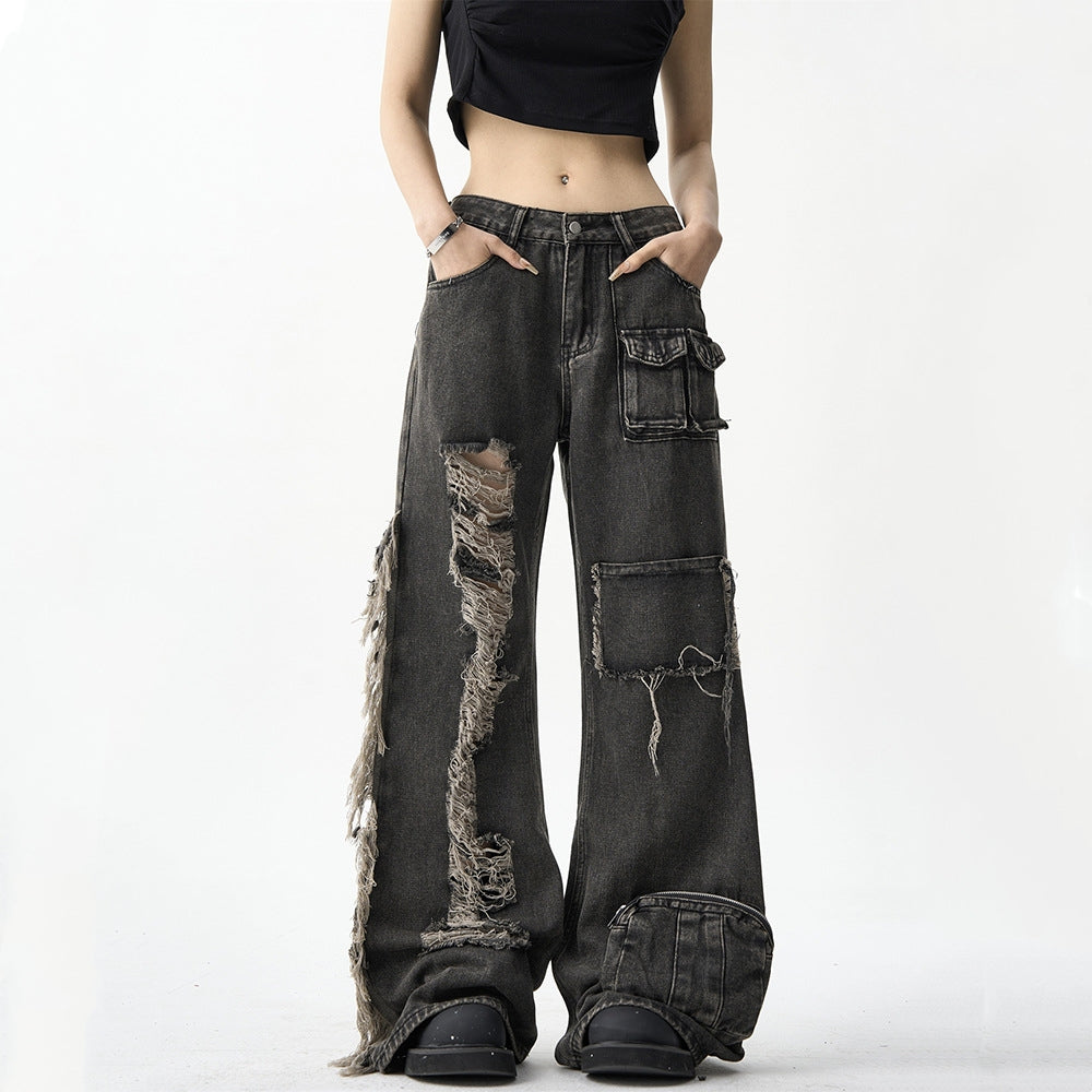 Damskie jeansy cargo z przetarciami