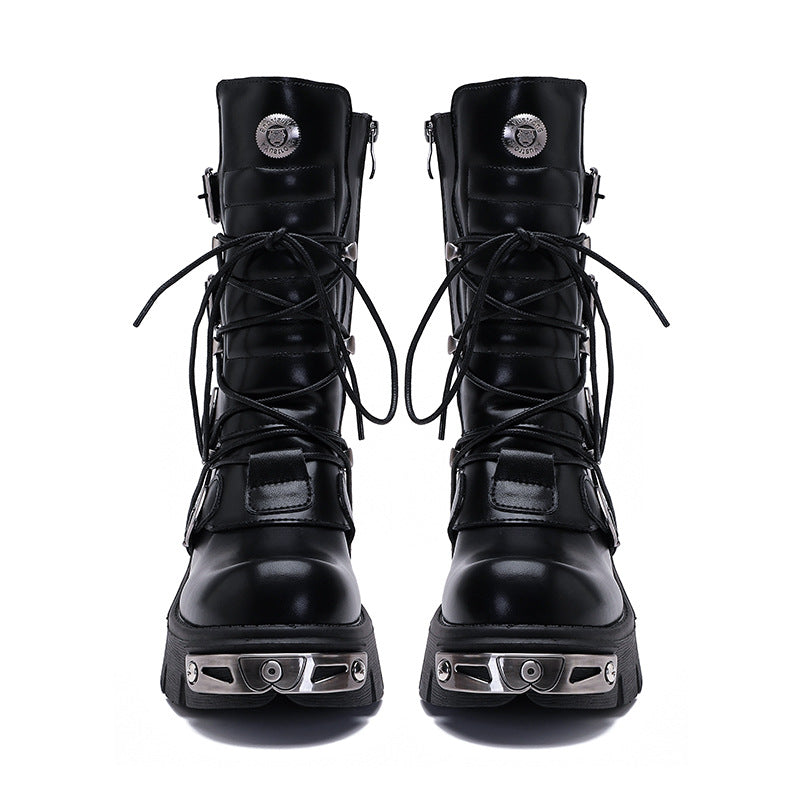 Black Platform Buckle Combat Boots