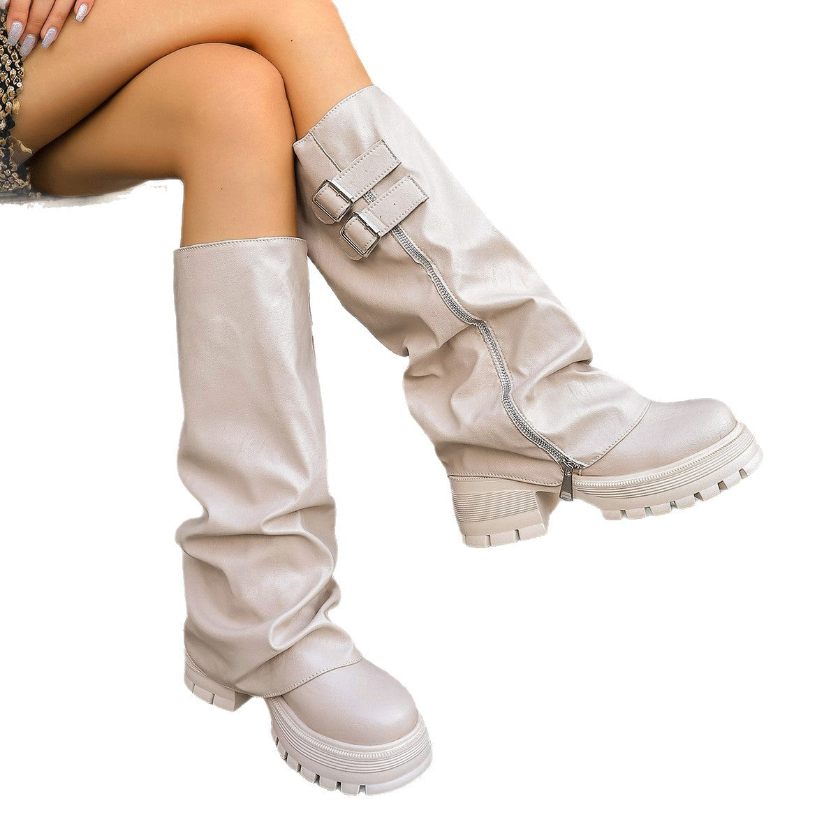 Women's Fold-Over Knee-High Platform Wedge Boots with Buckle Detail