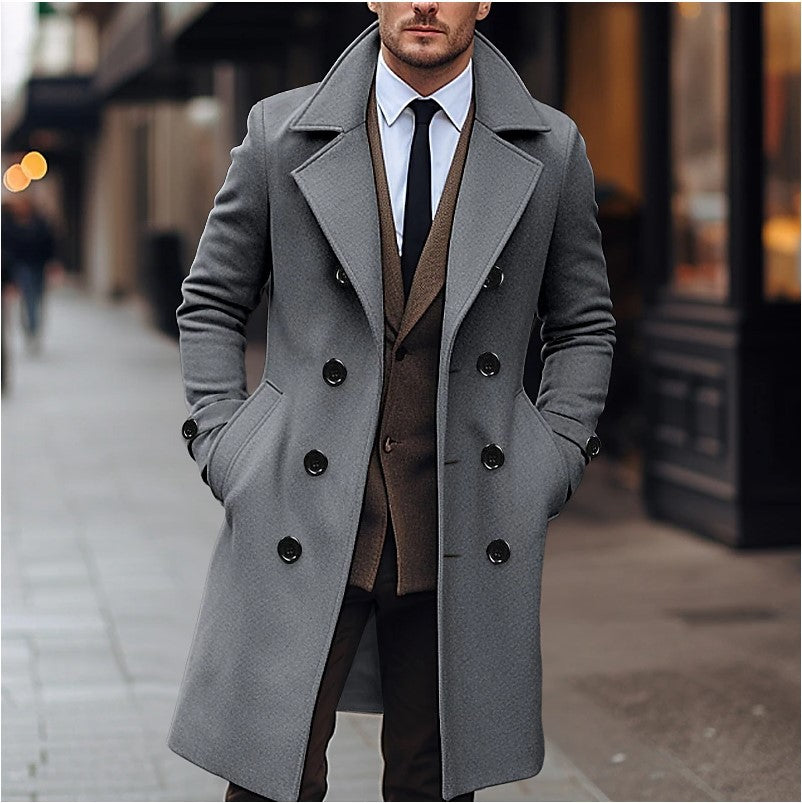 Men’s Long Double-Breasted Wool Blend Overcoat|Business/Casual Winter Coat